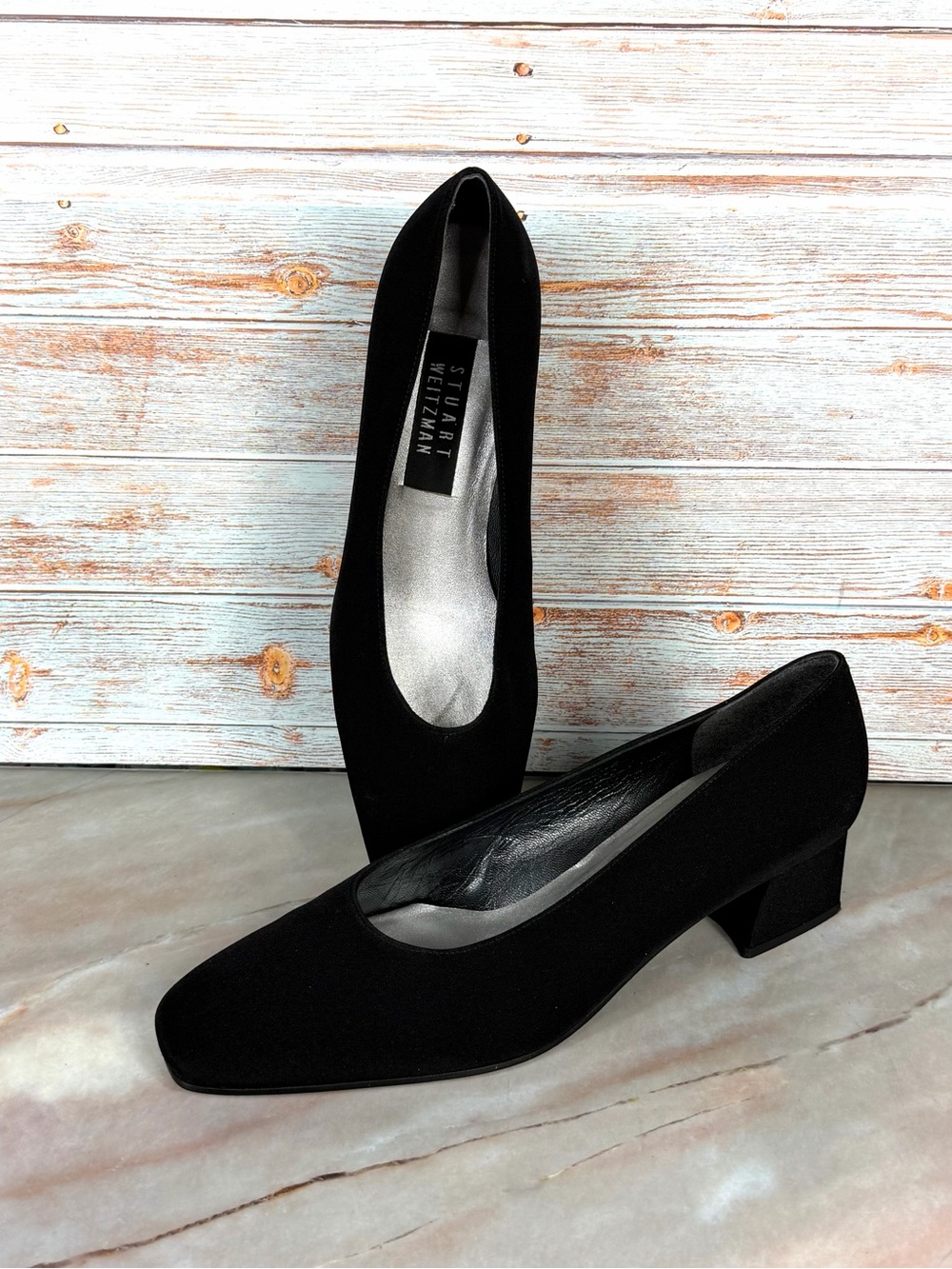 Stuart Weitzman Black Low Block Heel Pumps — Classic Square Toe - EUC